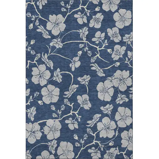 Navy Blue And Ivory Floral Washable Area Rug With UV Protection Photo 2