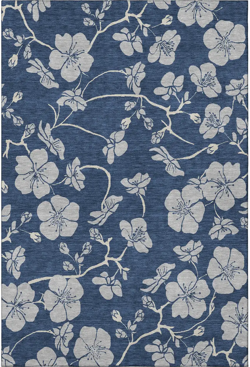 Navy Blue And Ivory Floral Washable Area Rug With UV Protection Photo 2