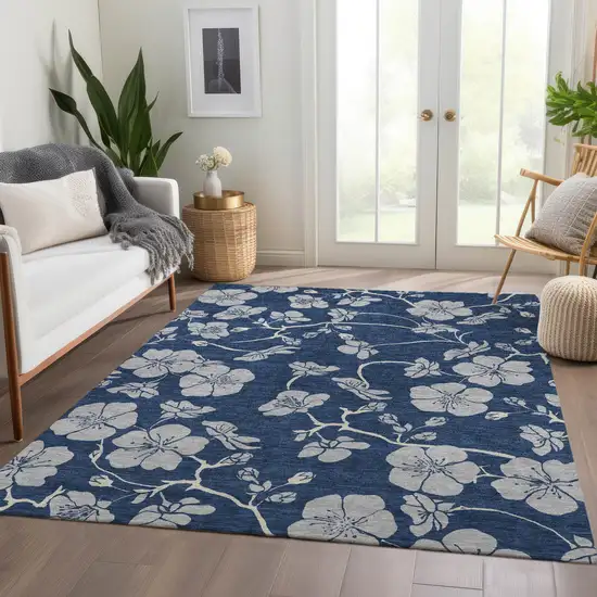Navy Blue And Ivory Floral Washable Area Rug With UV Protection Photo 4
