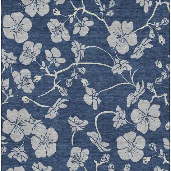 Navy Blue And Ivory Floral Washable Area Rug With UV Protection Photo 2