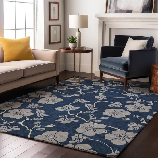 Navy Blue And Ivory Floral Washable Area Rug With UV Protection Photo 4