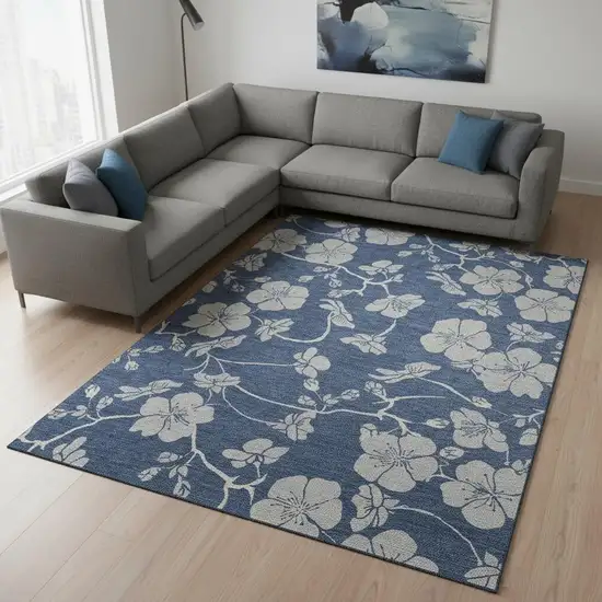 Navy Blue And Ivory Floral Washable Area Rug With UV Protection Photo 2