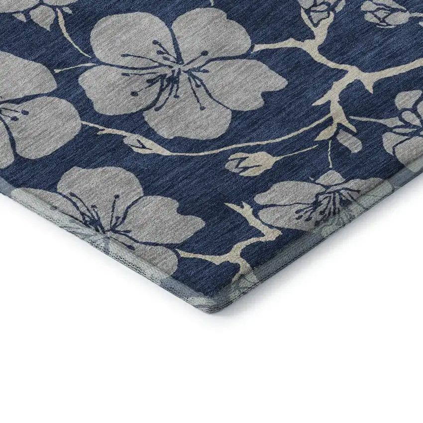 Navy Blue And Ivory Floral Washable Area Rug With UV Protection Photo 7