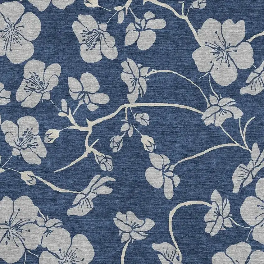 Navy Blue And Ivory Floral Washable Area Rug With UV Protection Photo 2