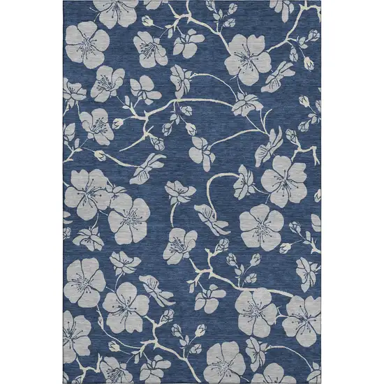 Navy Blue And Ivory Floral Washable Area Rug With UV Protection Photo 1