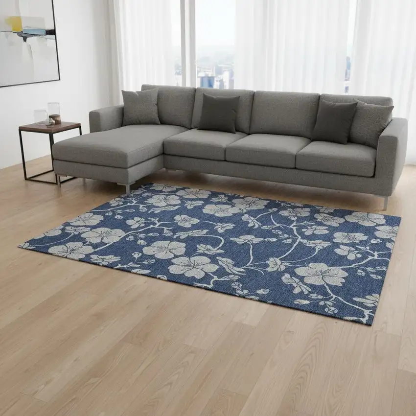Navy Blue And Ivory Floral Washable Area Rug With UV Protection Photo 2