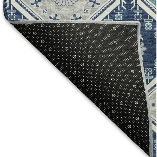 Navy Blue And Ivory Floral Washable Area Rug With UV Protection Photo 7