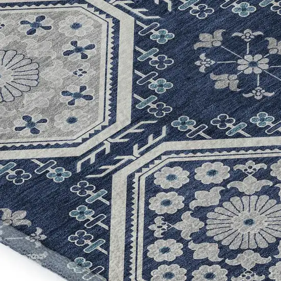 Navy Blue And Ivory Floral Washable Area Rug With UV Protection Photo 2