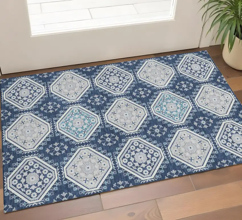 Navy Blue And Ivory Floral Washable Area Rug With UV Protection Photo 1
