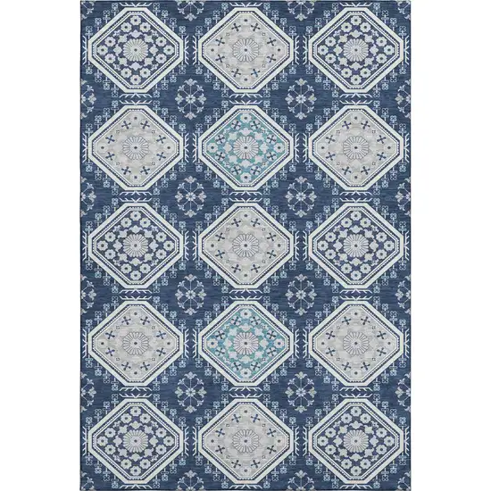 Navy Blue And Ivory Floral Washable Area Rug With UV Protection Photo 6