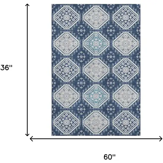 Navy Blue And Ivory Floral Washable Area Rug With UV Protection Photo 3