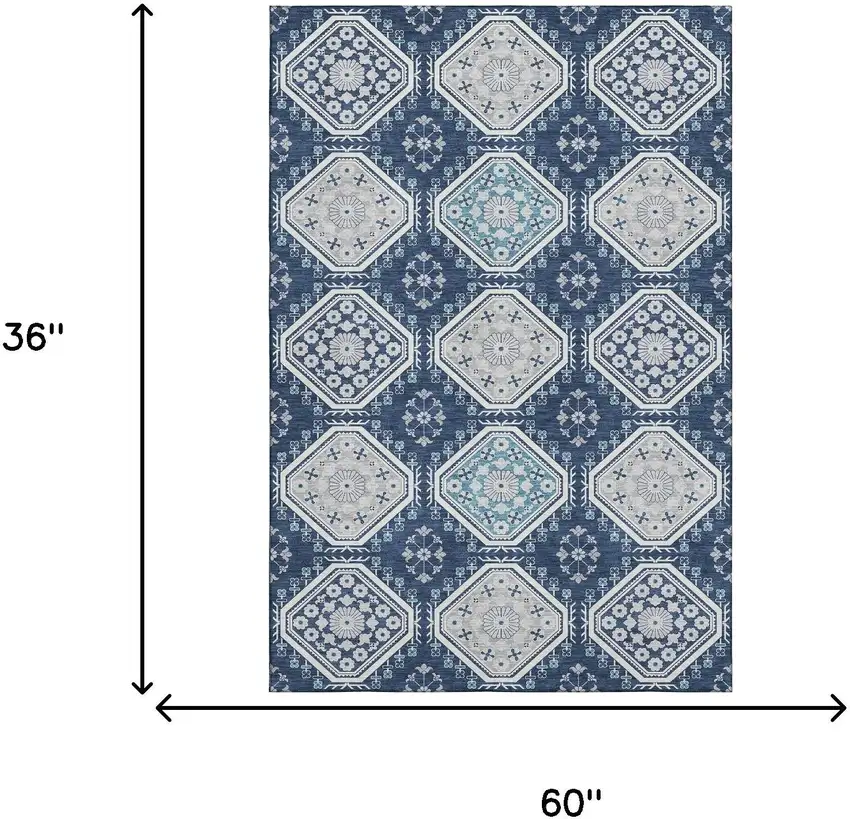 Navy Blue And Ivory Floral Washable Area Rug With UV Protection Photo 3