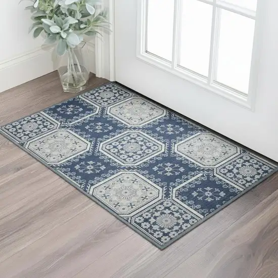 Navy Blue And Ivory Floral Washable Area Rug With UV Protection Photo 2