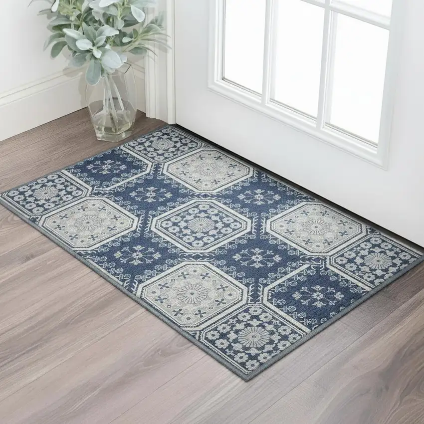Navy Blue And Ivory Floral Washable Area Rug With UV Protection Photo 2