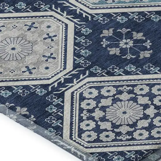 Navy Blue And Ivory Floral Washable Area Rug With UV Protection Photo 3