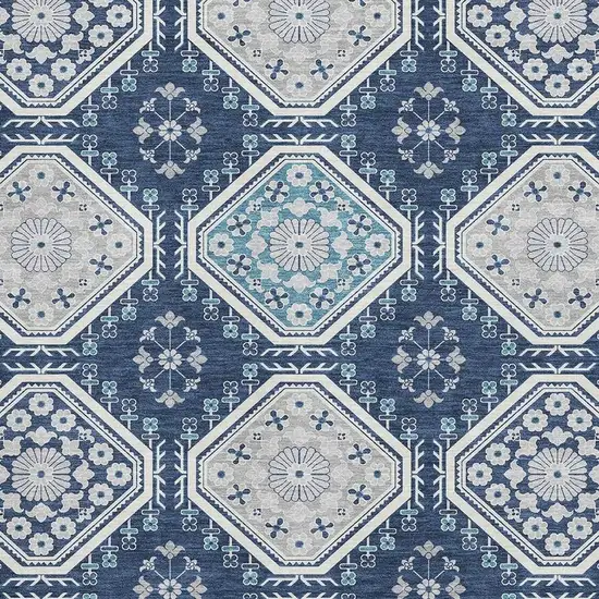 Navy Blue And Ivory Floral Washable Area Rug With UV Protection Photo 4
