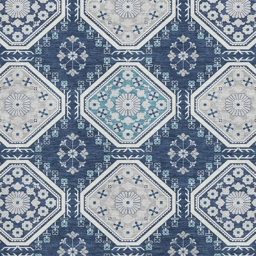 Navy Blue And Ivory Floral Washable Area Rug With UV Protection Photo 4