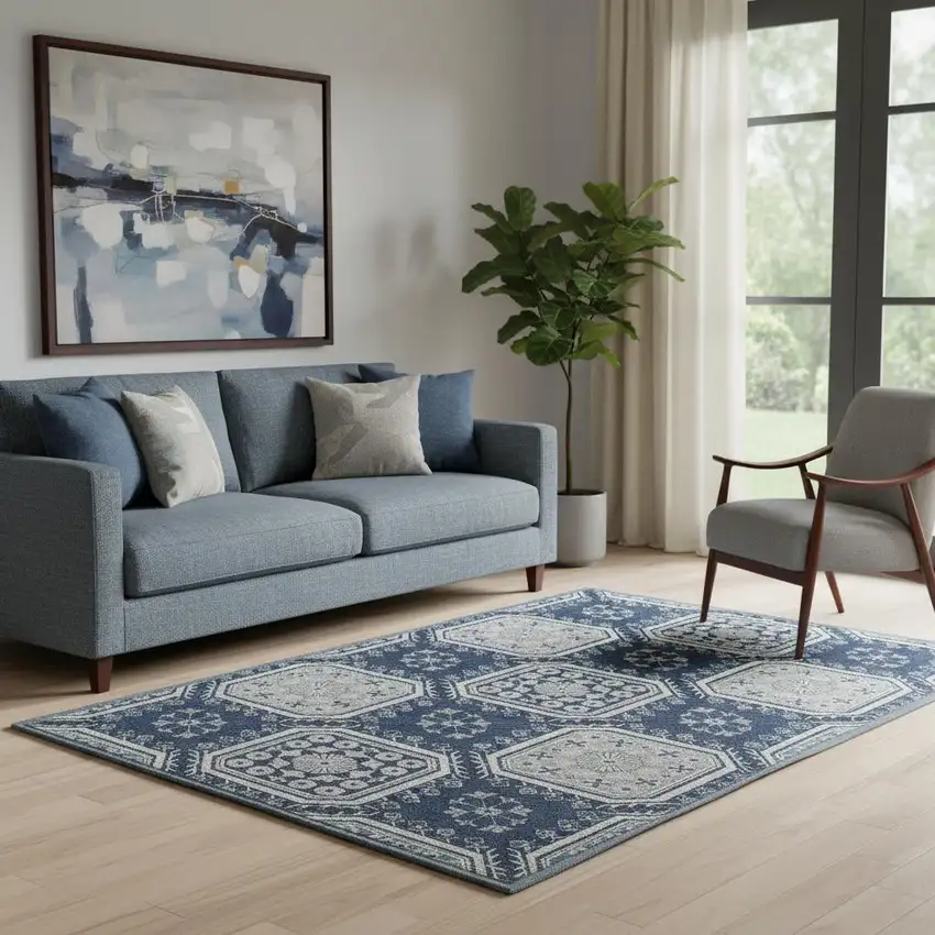 Navy Blue And Ivory Floral Washable Area Rug With UV Protection Photo 2