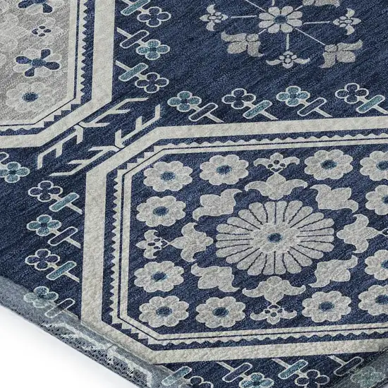 Navy Blue And Ivory Floral Washable Area Rug With UV Protection Photo 3