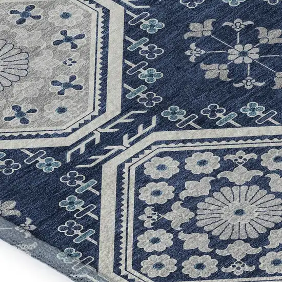 Navy Blue And Ivory Floral Washable Area Rug With UV Protection Photo 2