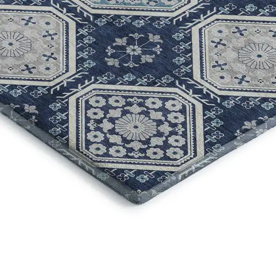Navy Blue And Ivory Floral Washable Area Rug With UV Protection Photo 3