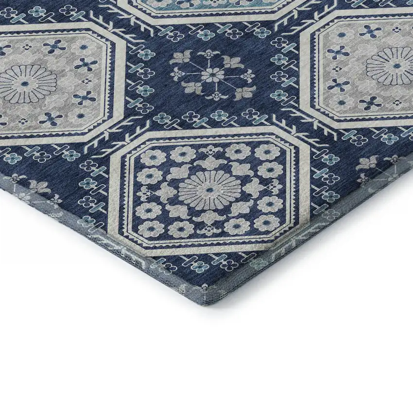 Navy Blue And Ivory Floral Washable Area Rug With UV Protection Photo 1