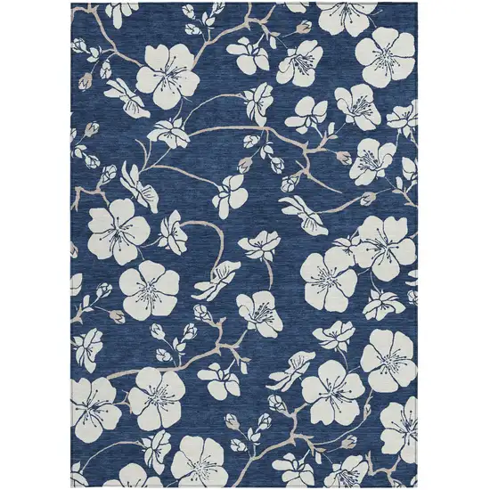 Navy Blue And Ivory Floral Washable Indoor Outdoor Area Rug Photo 5