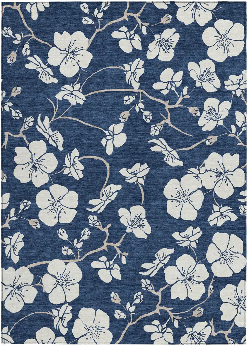 Navy Blue And Ivory Floral Washable Indoor Outdoor Area Rug Photo 5