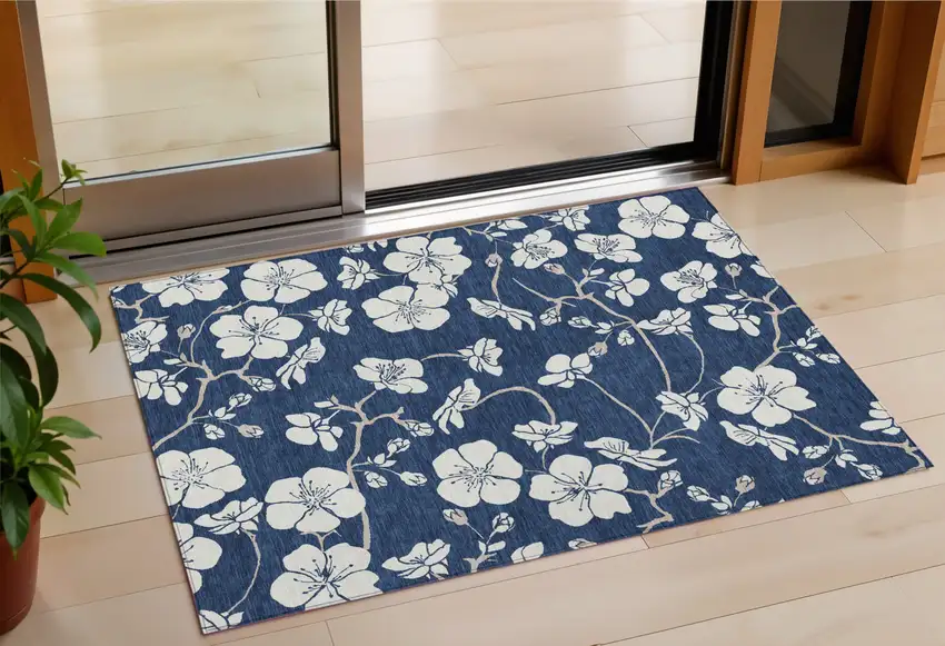 Navy Blue And Ivory Floral Washable Indoor Outdoor Area Rug Photo 1
