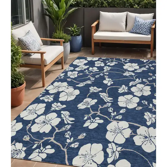 Navy Blue And Ivory Floral Washable Indoor Outdoor Area Rug Photo 1