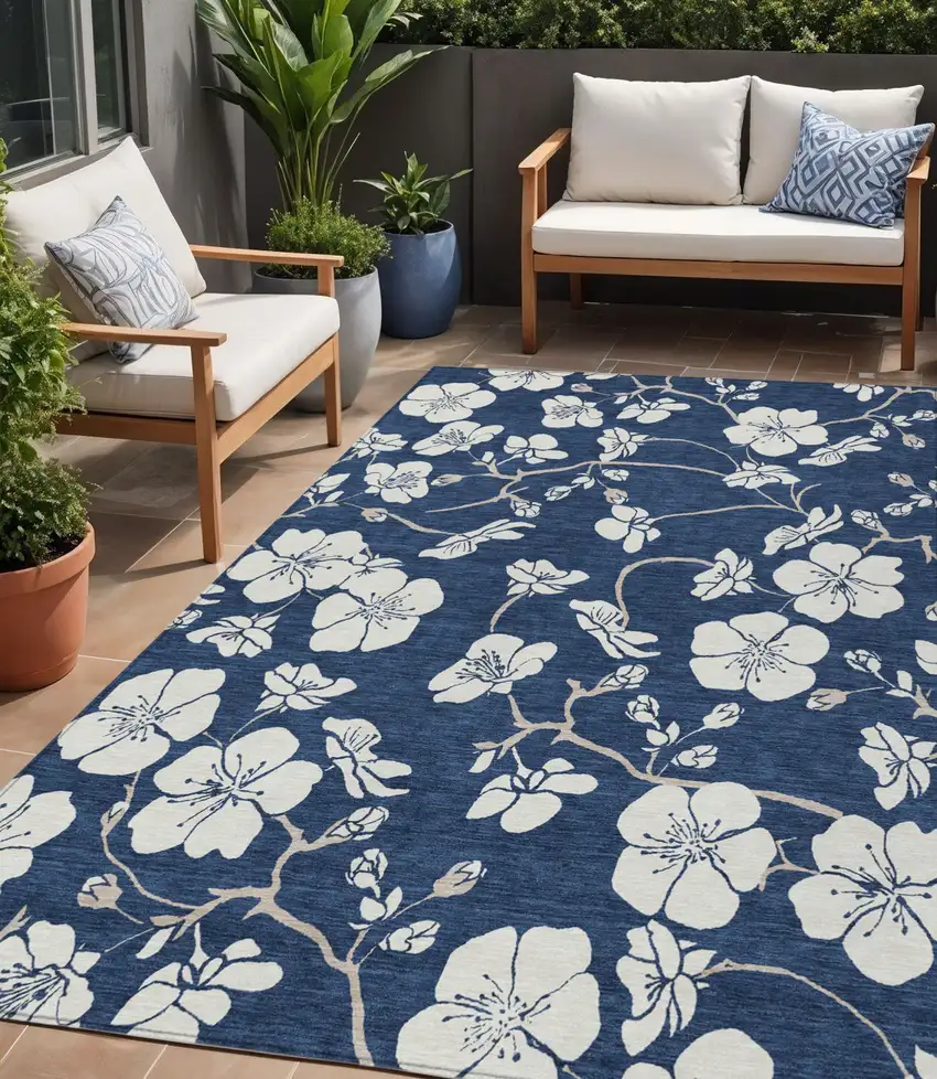 Navy Blue And Ivory Floral Washable Indoor Outdoor Area Rug Photo 1