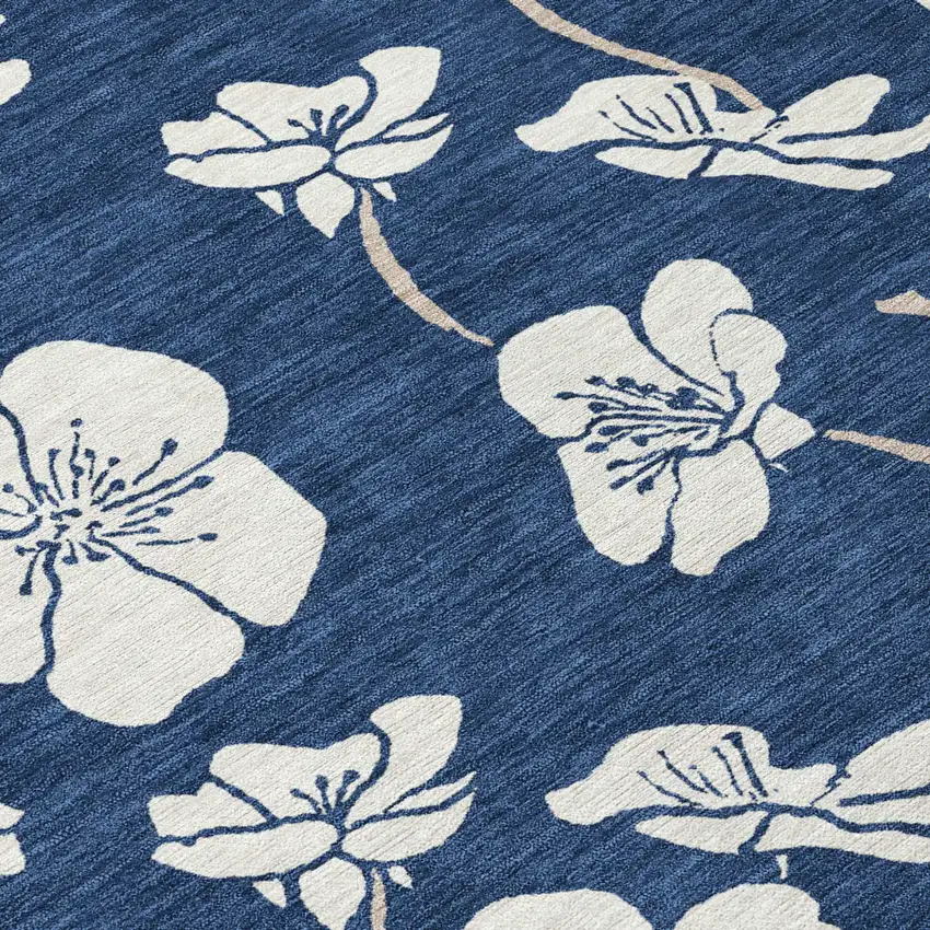 Navy Blue And Ivory Floral Washable Indoor Outdoor Area Rug Photo 7