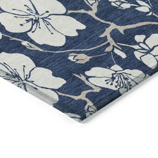 Navy Blue And Ivory Floral Washable Indoor Outdoor Area Rug Photo 4