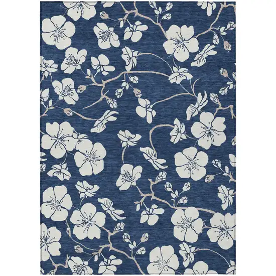Navy Blue And Ivory Floral Washable Indoor Outdoor Area Rug Photo 2