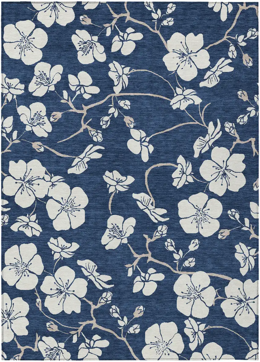 Navy Blue And Ivory Floral Washable Indoor Outdoor Area Rug Photo 2