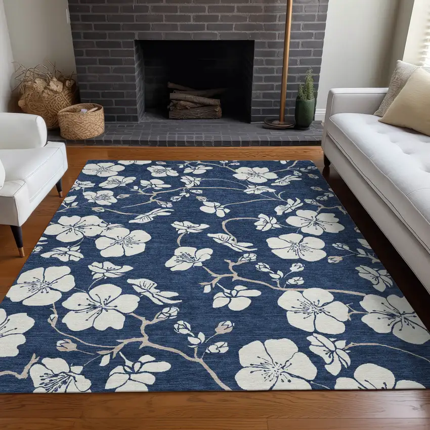 Navy Blue And Ivory Floral Washable Indoor Outdoor Area Rug Photo 9