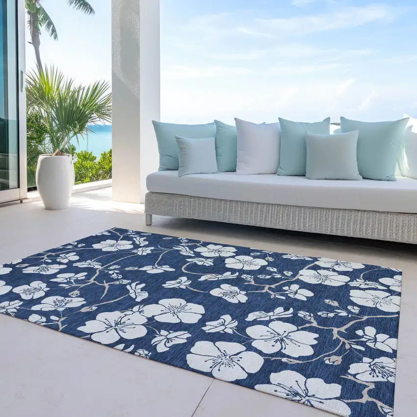 Navy Blue And Ivory Floral Washable Indoor Outdoor Area Rug Photo 9