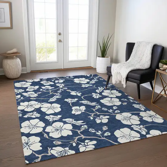 Navy Blue And Ivory Floral Washable Indoor Outdoor Area Rug Photo 8