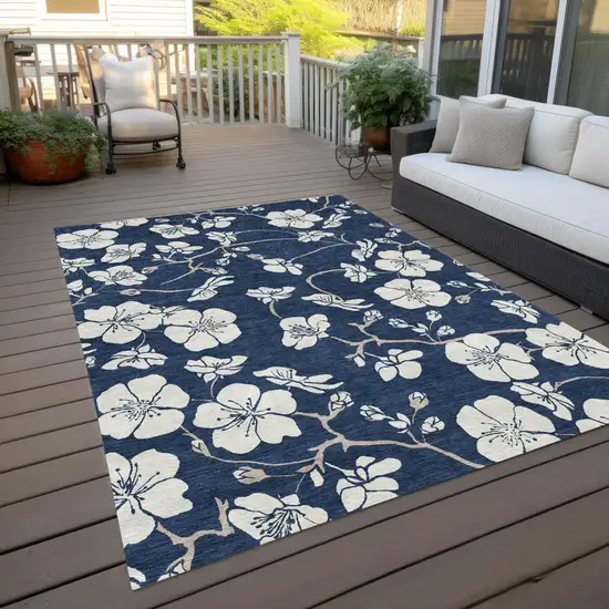 Navy Blue And Ivory Floral Washable Indoor Outdoor Area Rug Photo 7