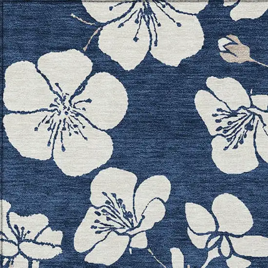 Navy Blue And Ivory Floral Washable Indoor Outdoor Area Rug Photo 6