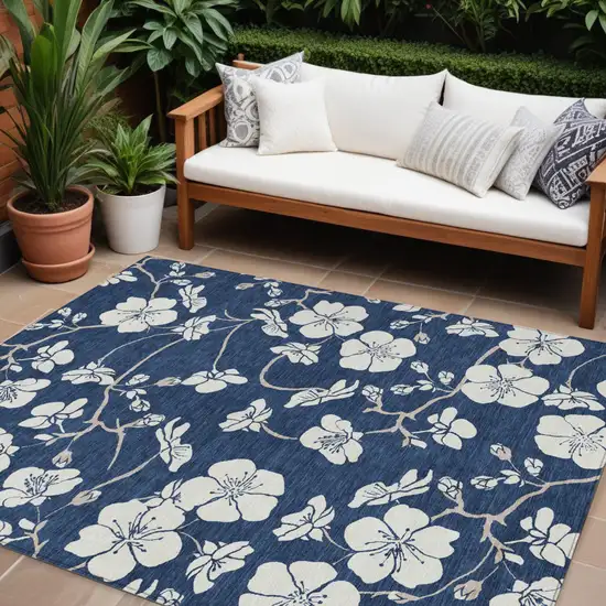 Navy Blue And Ivory Floral Washable Indoor Outdoor Area Rug Photo 1