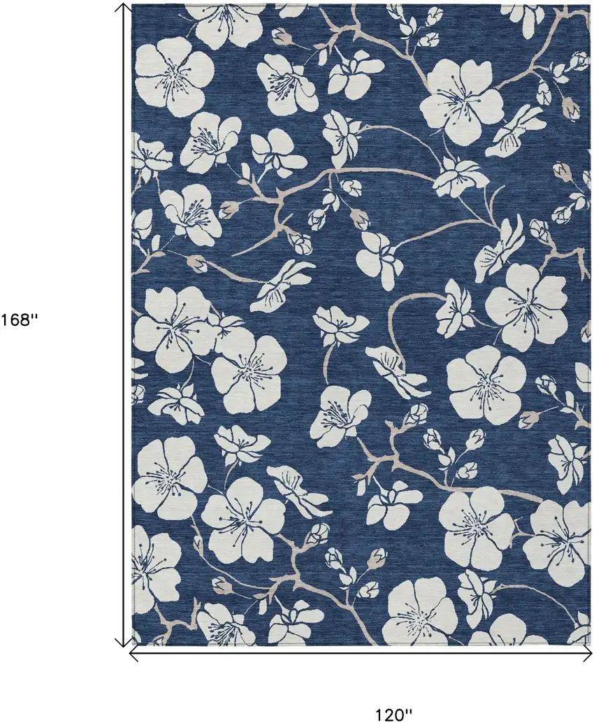 Navy Blue And Ivory Floral Washable Indoor Outdoor Area Rug Photo 3