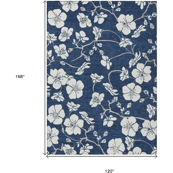 Navy Blue And Ivory Floral Washable Indoor Outdoor Area Rug Photo 3