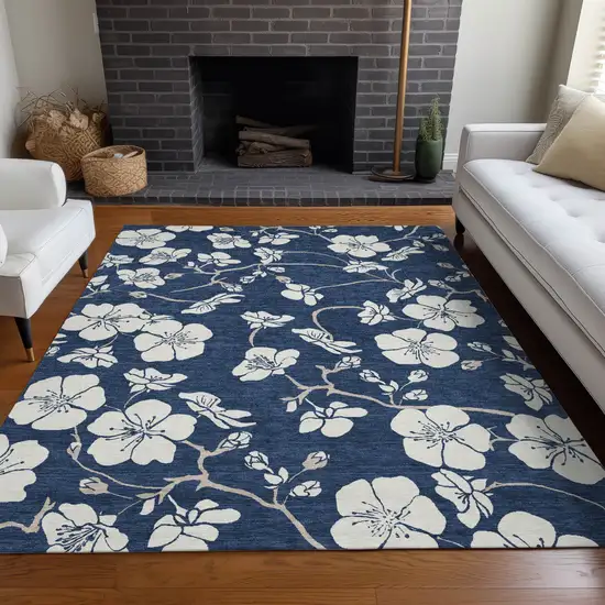 Navy Blue And Ivory Floral Washable Indoor Outdoor Area Rug Photo 9