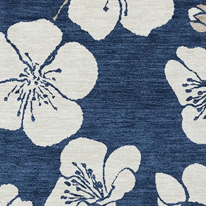 Navy Blue And Ivory Floral Washable Indoor Outdoor Area Rug Photo 5