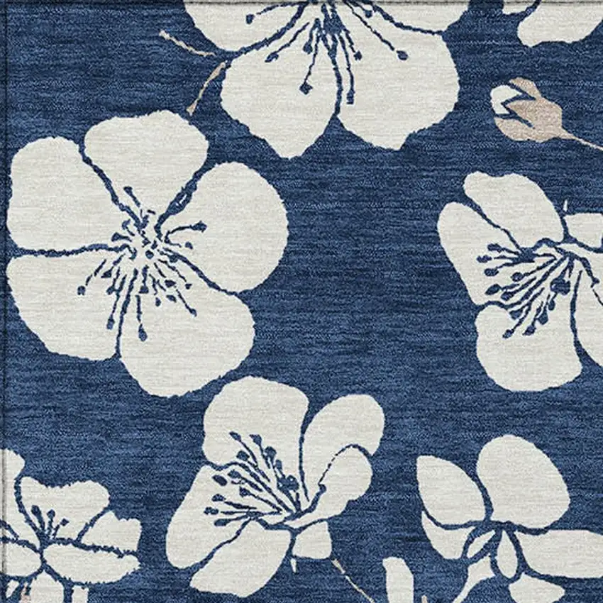 Navy Blue And Ivory Floral Washable Indoor Outdoor Area Rug Photo 6