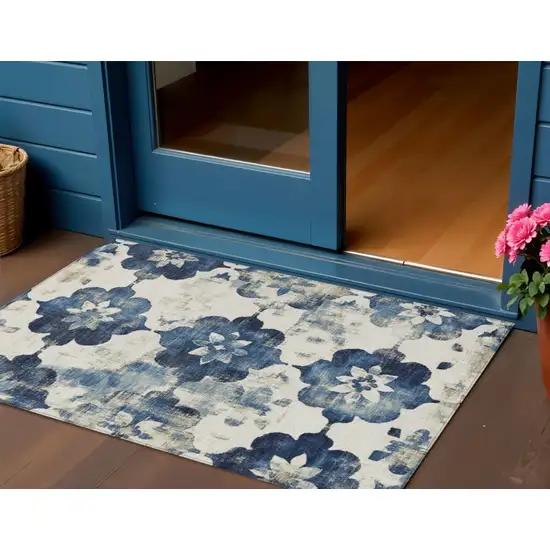 Navy Blue And Ivory Floral Washable Indoor Outdoor Area Rug Photo 2