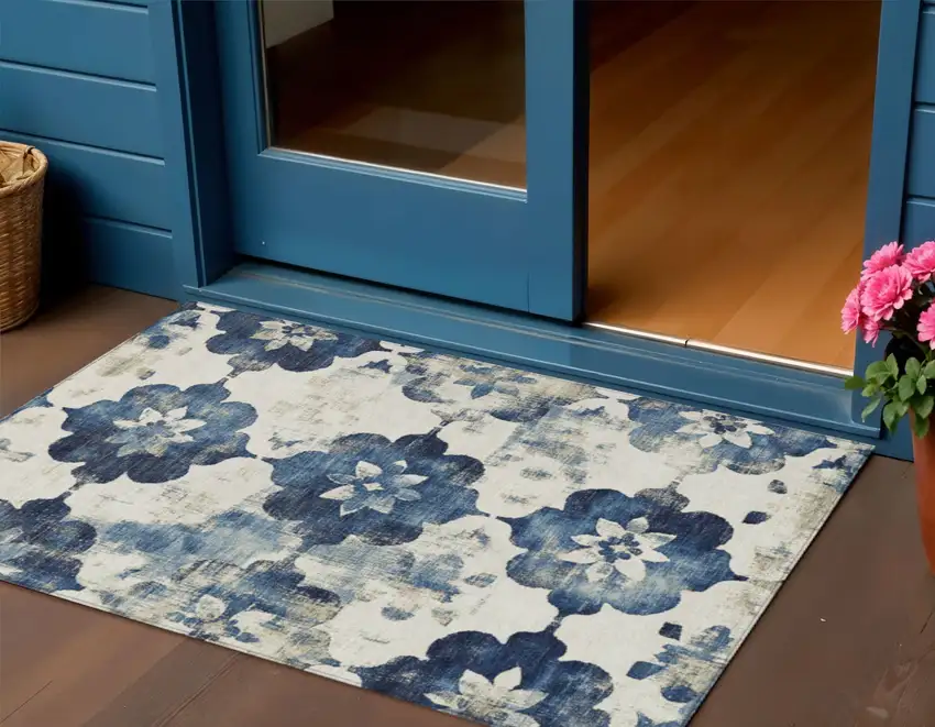 Navy Blue And Ivory Floral Washable Indoor Outdoor Area Rug Photo 2