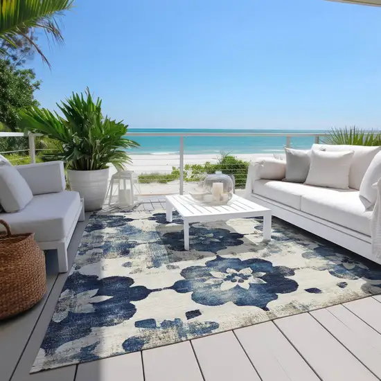 Navy Blue And Ivory Floral Washable Indoor Outdoor Area Rug Photo 8