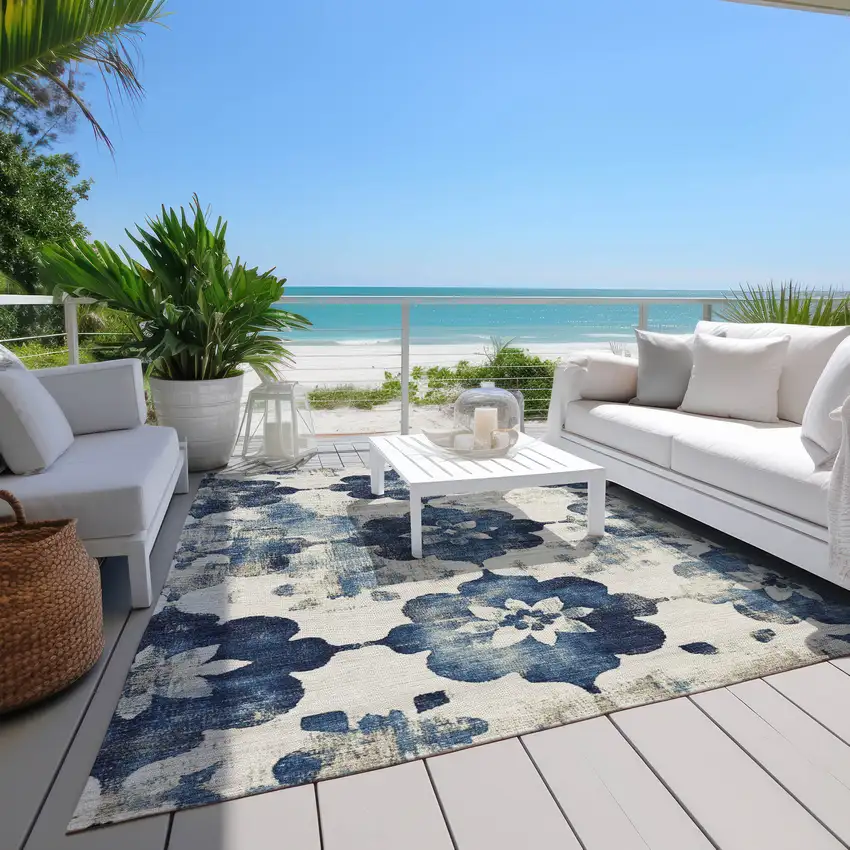 Navy Blue And Ivory Floral Washable Indoor Outdoor Area Rug Photo 8